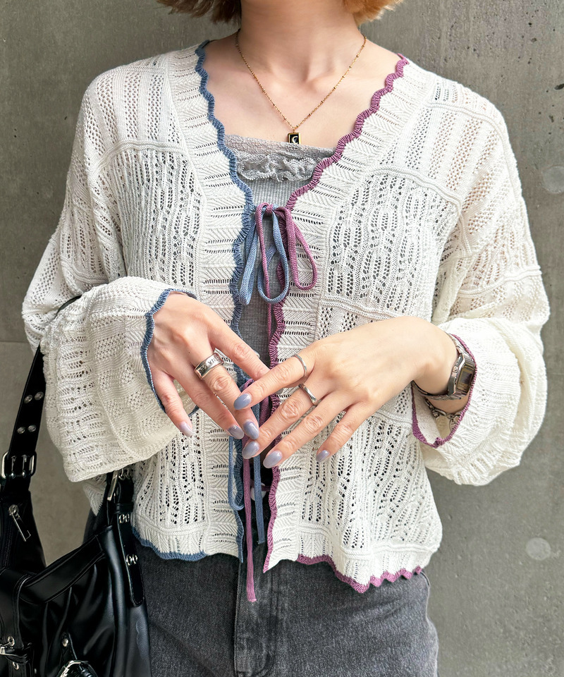 配色リボンレースニットカーデ 詳細画像 オフホワイト 8