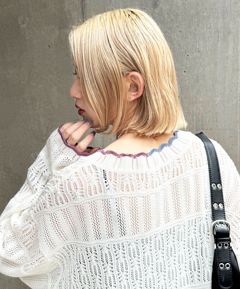 配色リボンレースニットカーデ 詳細画像 オフホワイト 9