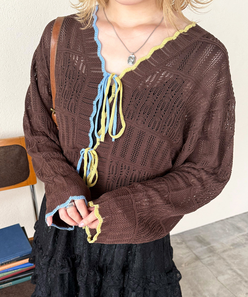 配色リボンレースニットカーデ 詳細画像 ブラウン 2