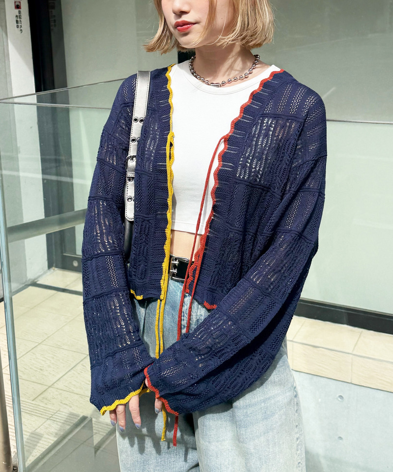 配色リボンレースニットカーデ 詳細画像 ネイビー 1