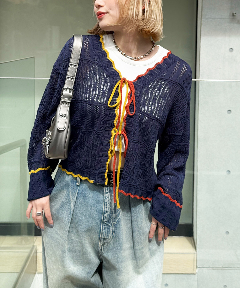 配色リボンレースニットカーデ 詳細画像 ネイビー 10