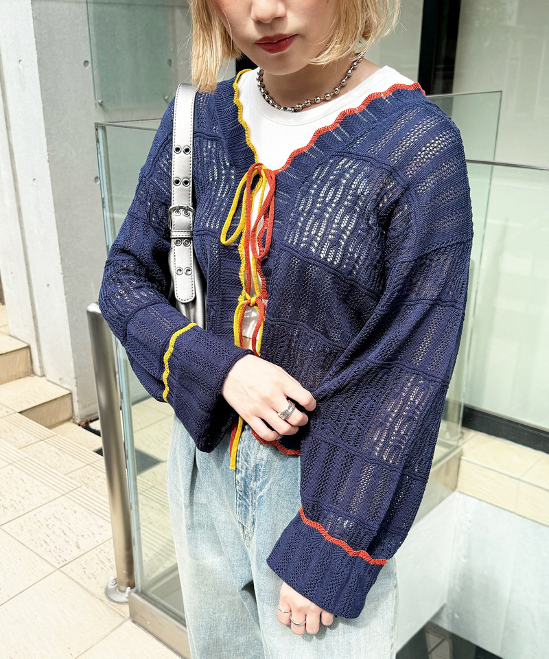 配色リボンレースニットカーデ 詳細画像 ネイビー 11