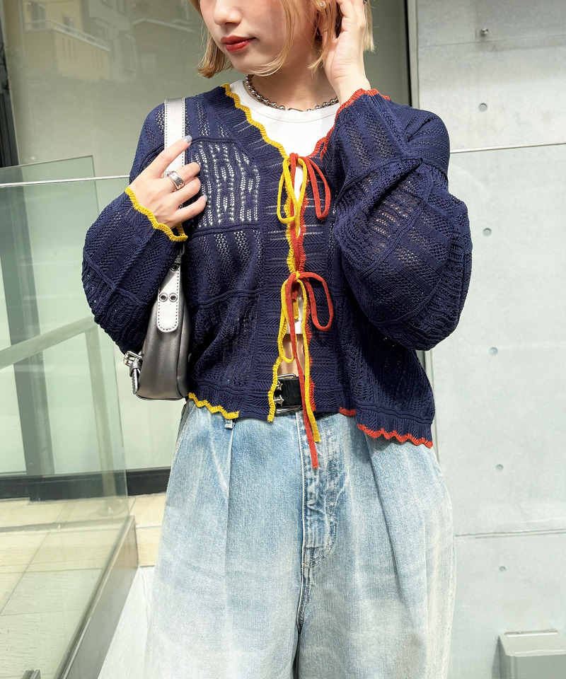 配色リボンレースニットカーデ 詳細画像 ネイビー 3