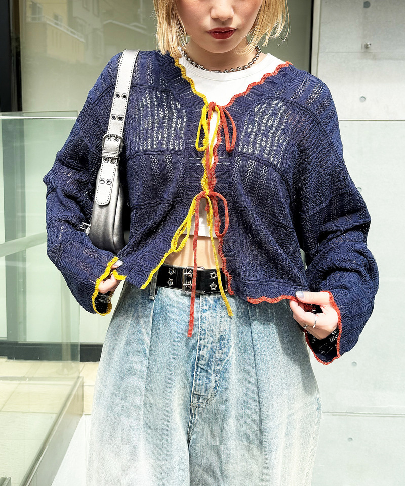 配色リボンレースニットカーデ 詳細画像 ネイビー 4