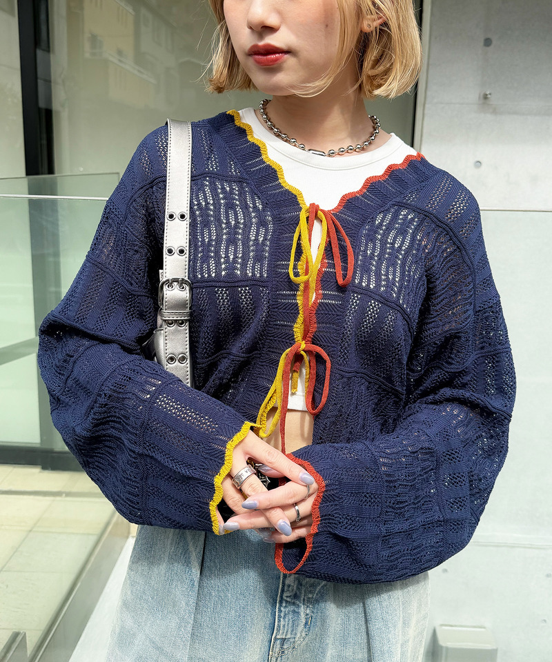 配色リボンレースニットカーデ 詳細画像 ネイビー 5