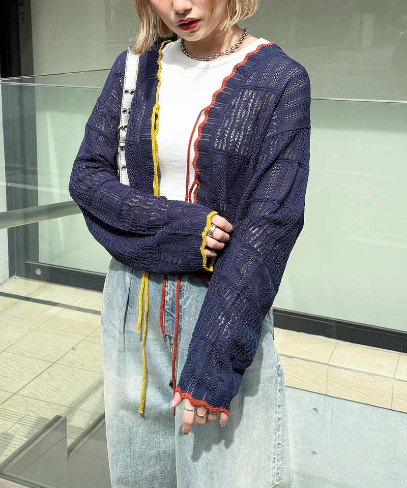 配色リボンレースニットカーデ 詳細画像 ネイビー 8