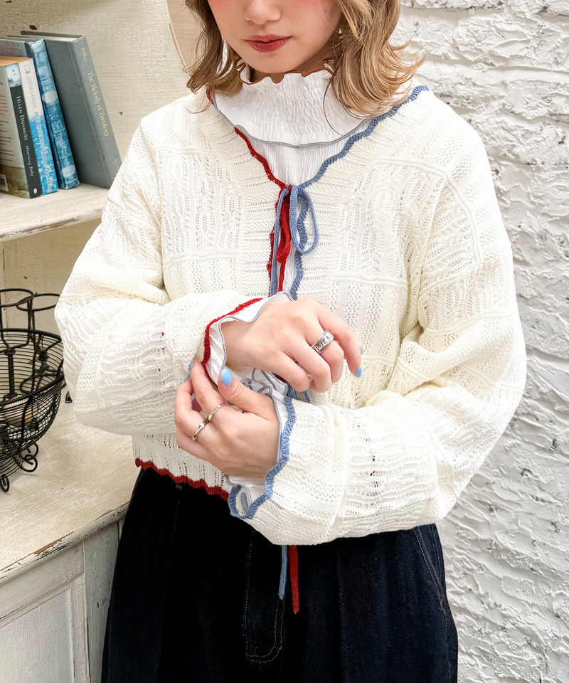 配色リボンレースニットカーデ 詳細画像 柄A 19