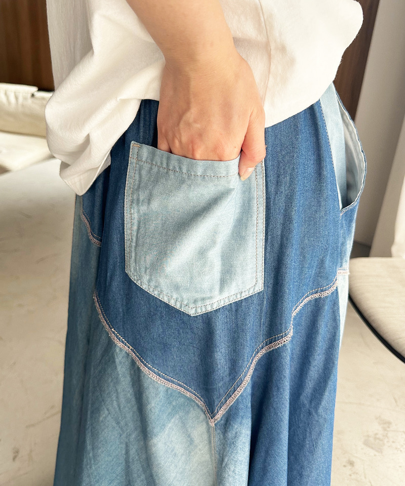 接触冷感デニム クロスカットドレープスカート 詳細画像 デニムブルー 7