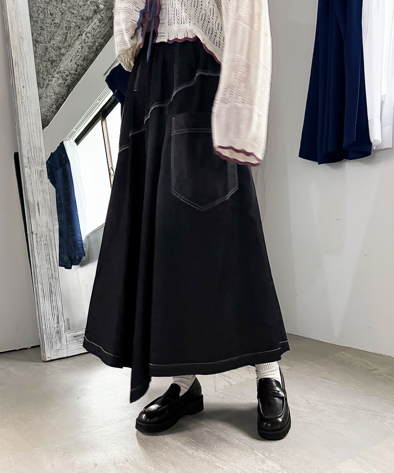 接触冷感デニム クロスカットドレープスカート 詳細画像 ブラックデニム 4