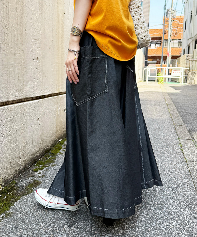接触冷感デニム クロスカットドレープスカート 詳細画像 ブラックデニム 5