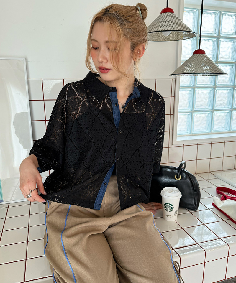 五分袖レースシャツ 詳細画像 ブラック 1