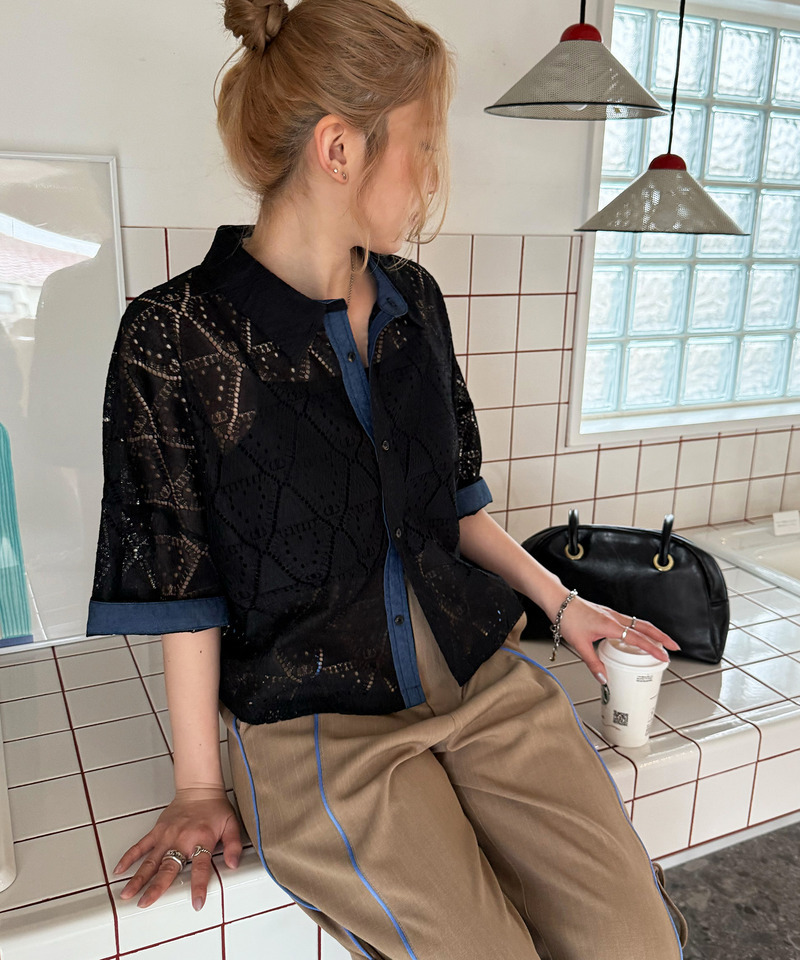 五分袖レースシャツ 詳細画像 ブラック 3