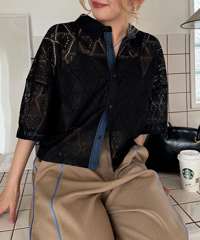 五分袖レースシャツ 詳細画像 ブラック 4