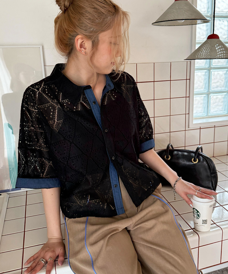 五分袖レースシャツ 詳細画像 ブラック 5