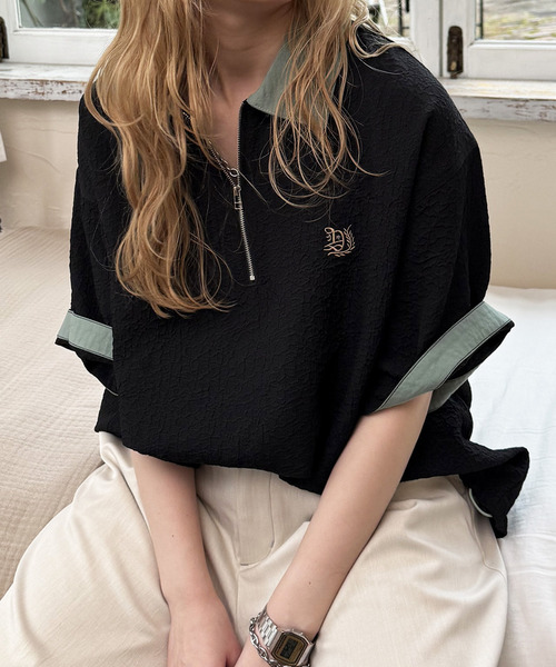 ワンポイント刺しゅうハーフZIPシャツ