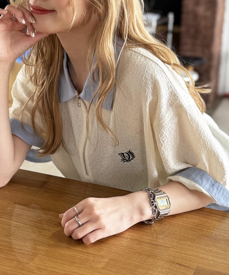 ワンポイント刺しゅうハーフZIPシャツ 詳細画像 オフホワイト 2