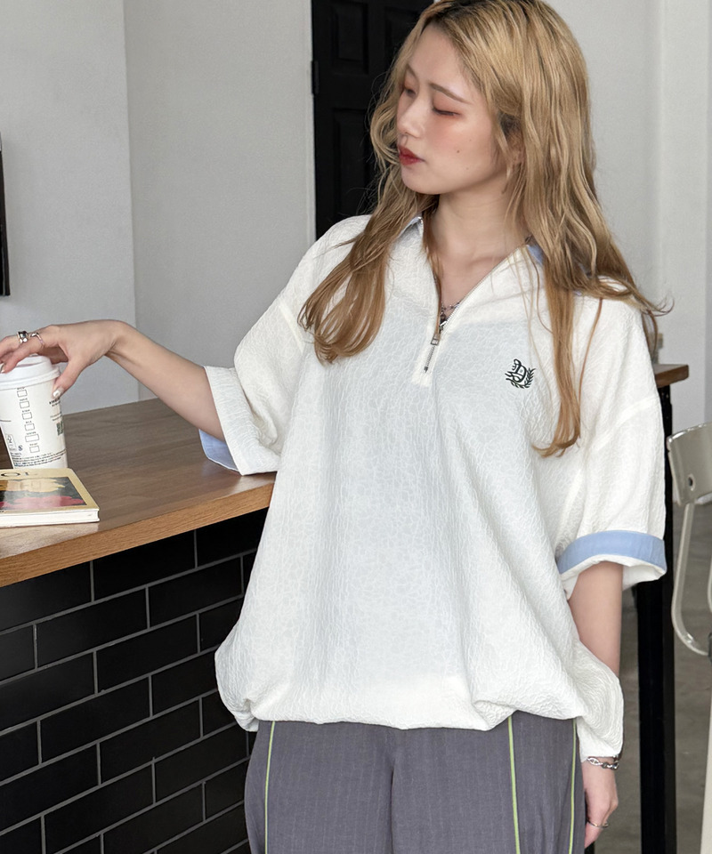 ワンポイント刺しゅうハーフZIPシャツ 詳細画像 オフホワイト 7