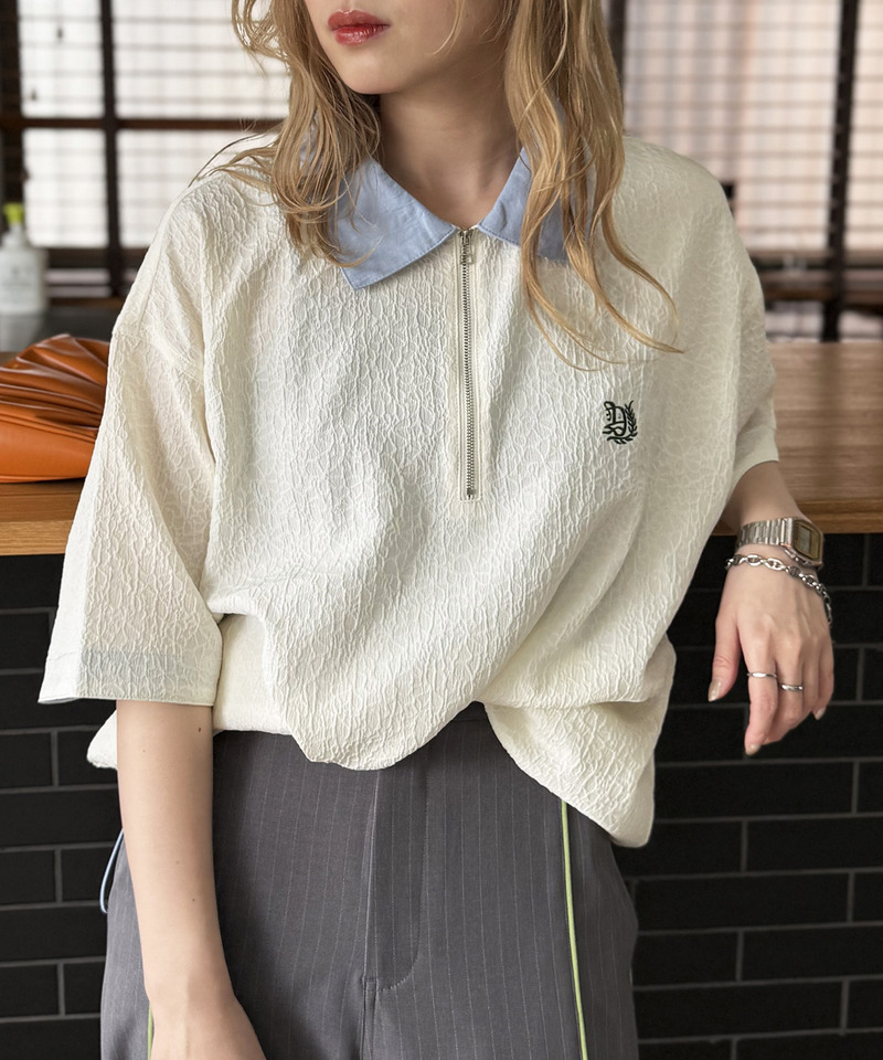 ワンポイント刺しゅうハーフZIPシャツ 詳細画像 オフホワイト 8