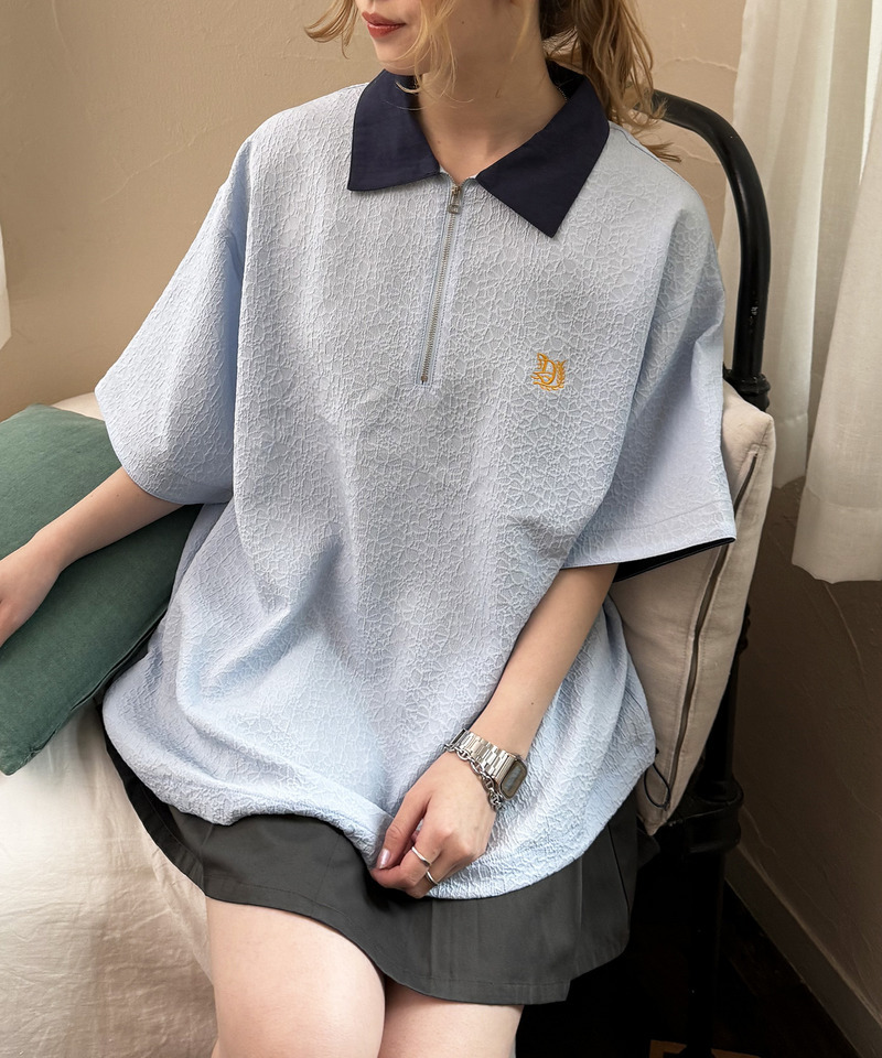 ワンポイント刺しゅうハーフZIPシャツ 詳細画像 ブルー 2