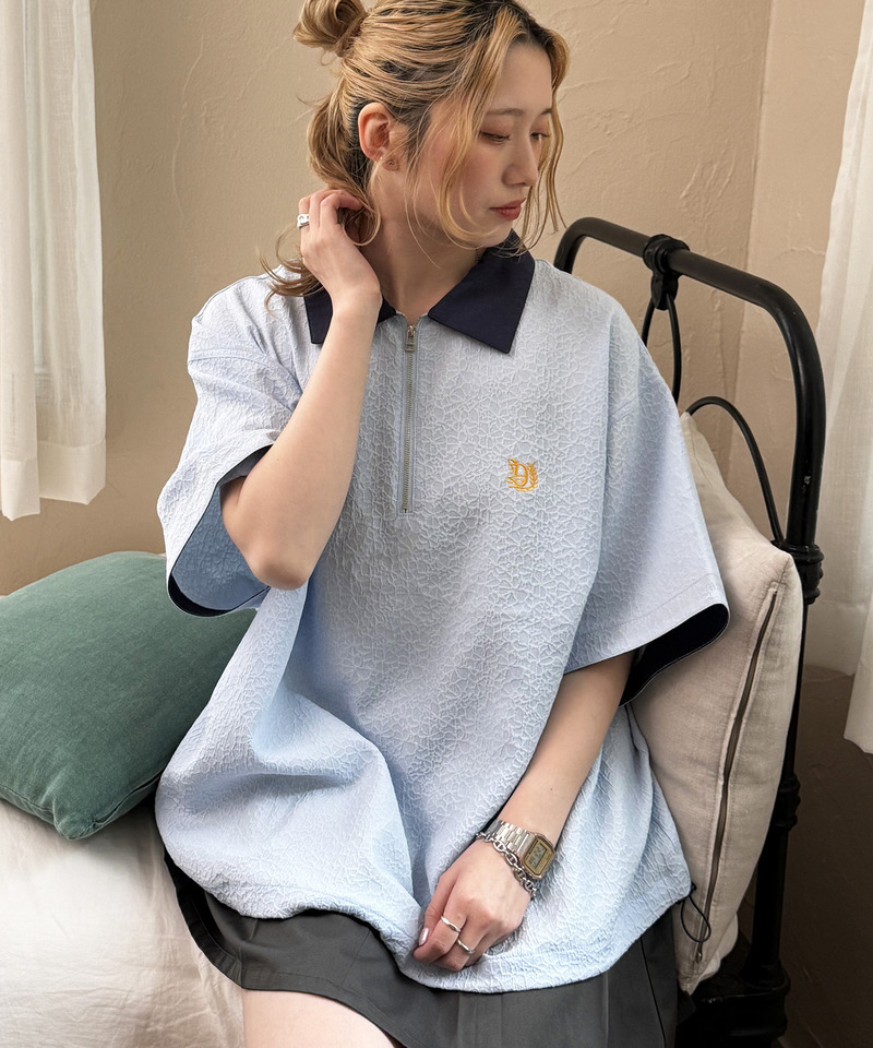 ワンポイント刺しゅうハーフZIPシャツ 詳細画像 ブルー 3