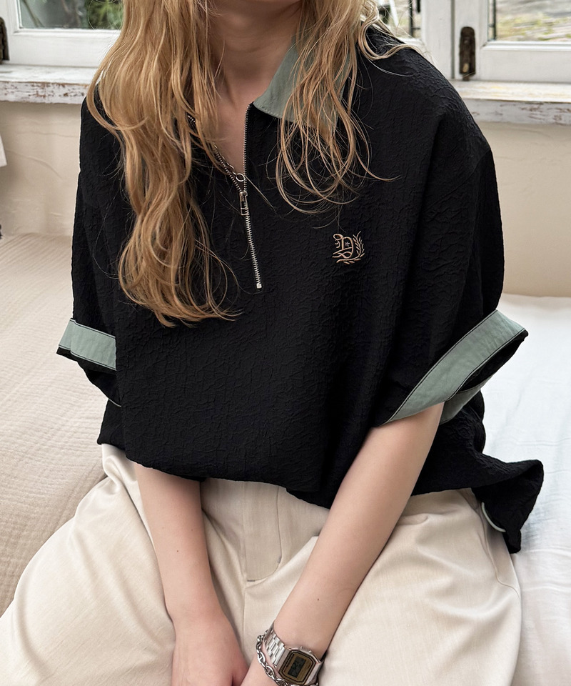 ワンポイント刺しゅうハーフZIPシャツ 詳細画像 ブラック 1