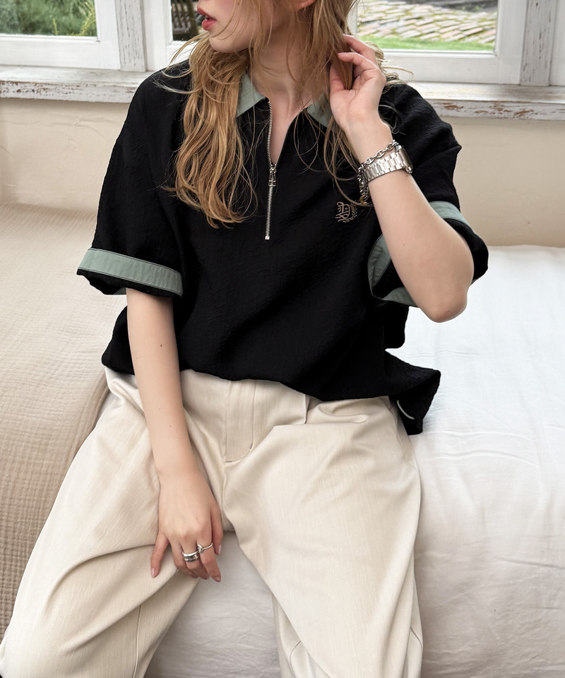 ワンポイント刺しゅうハーフZIPシャツ 詳細画像 ブラック 3