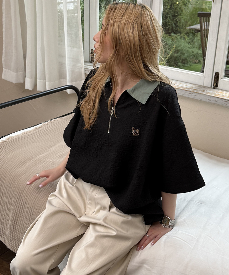 ワンポイント刺しゅうハーフZIPシャツ 詳細画像 ブラック 4