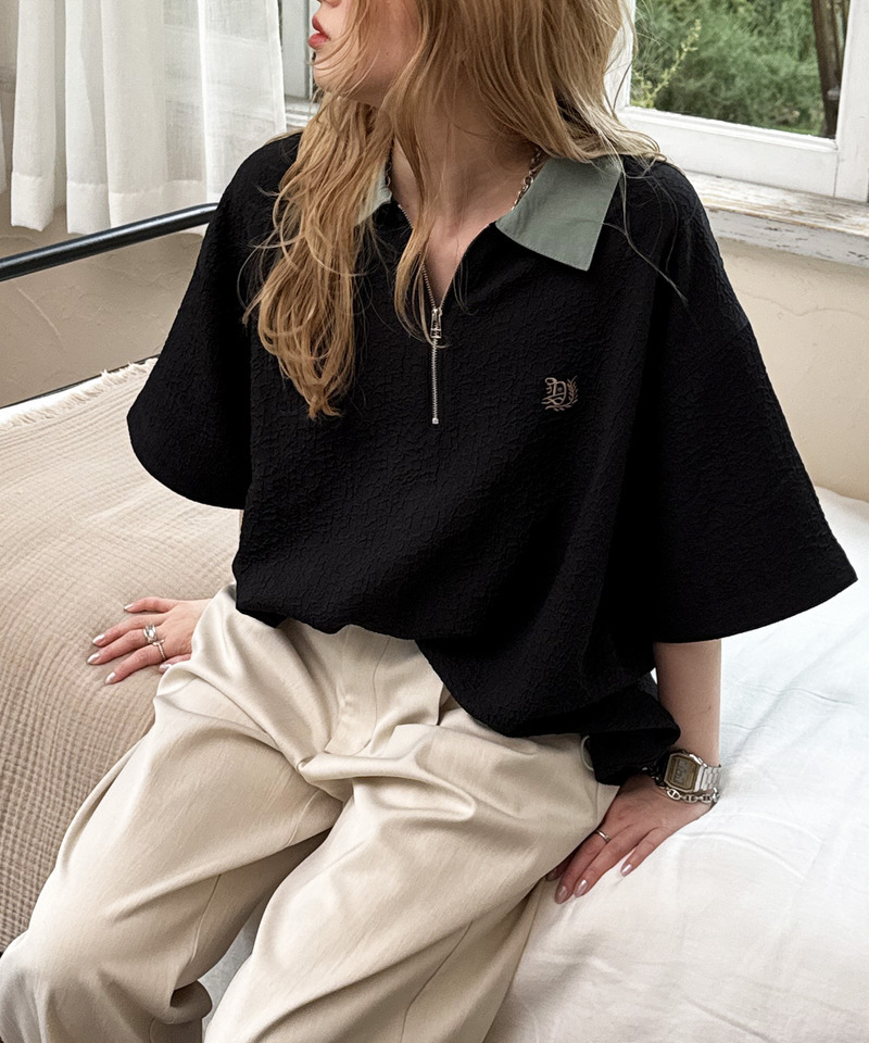 ワンポイント刺しゅうハーフZIPシャツ 詳細画像 ブラック 5