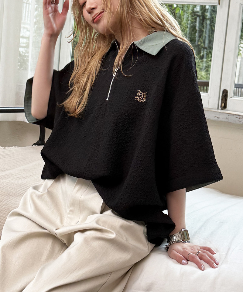 ワンポイント刺しゅうハーフZIPシャツ 詳細画像 ブラック 6