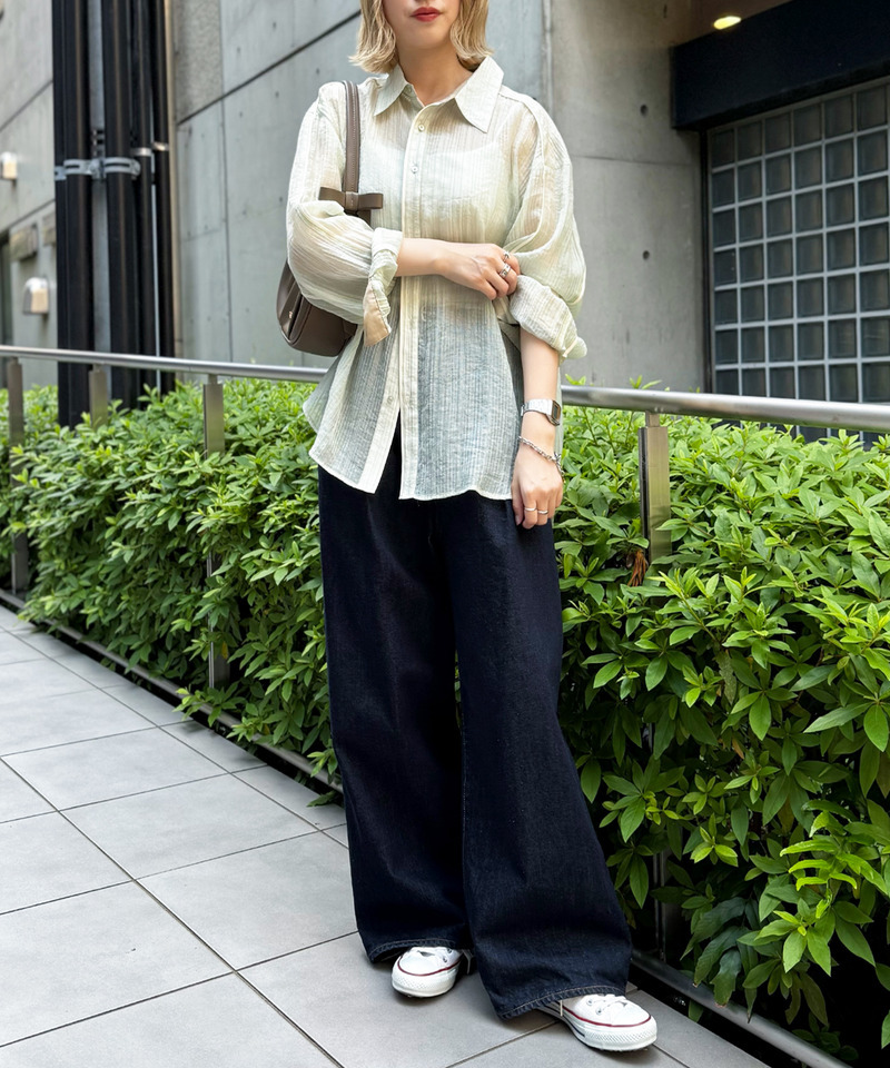 長袖シアーパイピングシャツ 詳細画像 グリーン 5