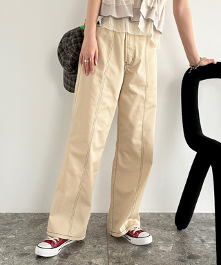 クロスウエストデザイン配色ステッチパンツ