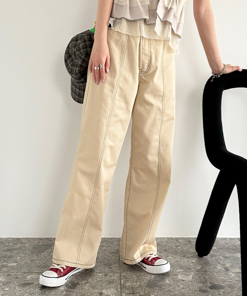 クロスウエストデザイン配色ステッチパンツ 詳細画像 ベージュ 1