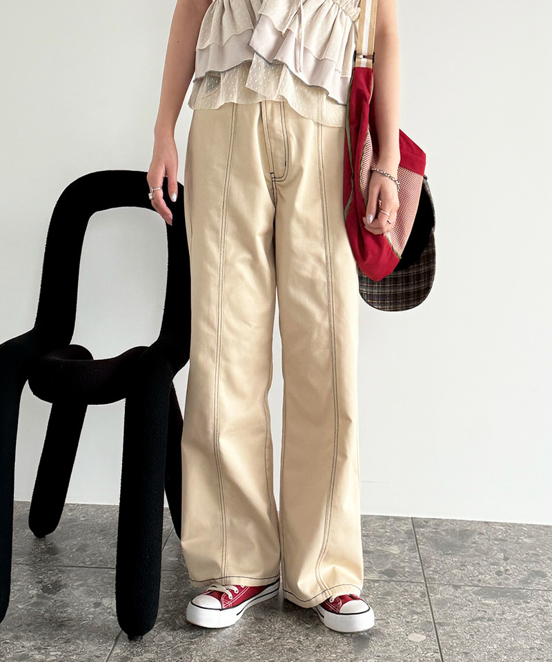 クロスウエストデザイン配色ステッチパンツ 詳細画像 ベージュ 3