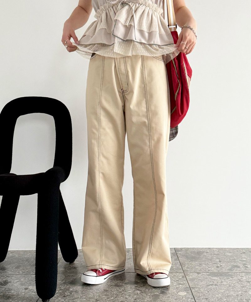 クロスウエストデザイン配色ステッチパンツ 詳細画像 ベージュ 4