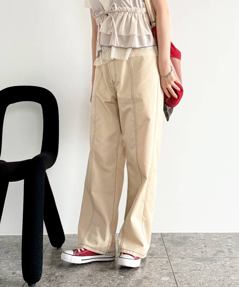 クロスウエストデザイン配色ステッチパンツ 詳細画像 ベージュ 5