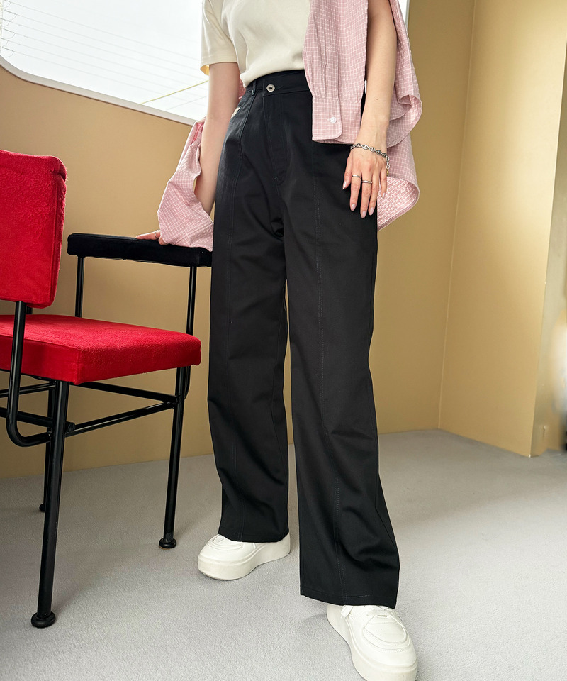 クロスウエストデザイン配色ステッチパンツ 詳細画像 ブラック 4