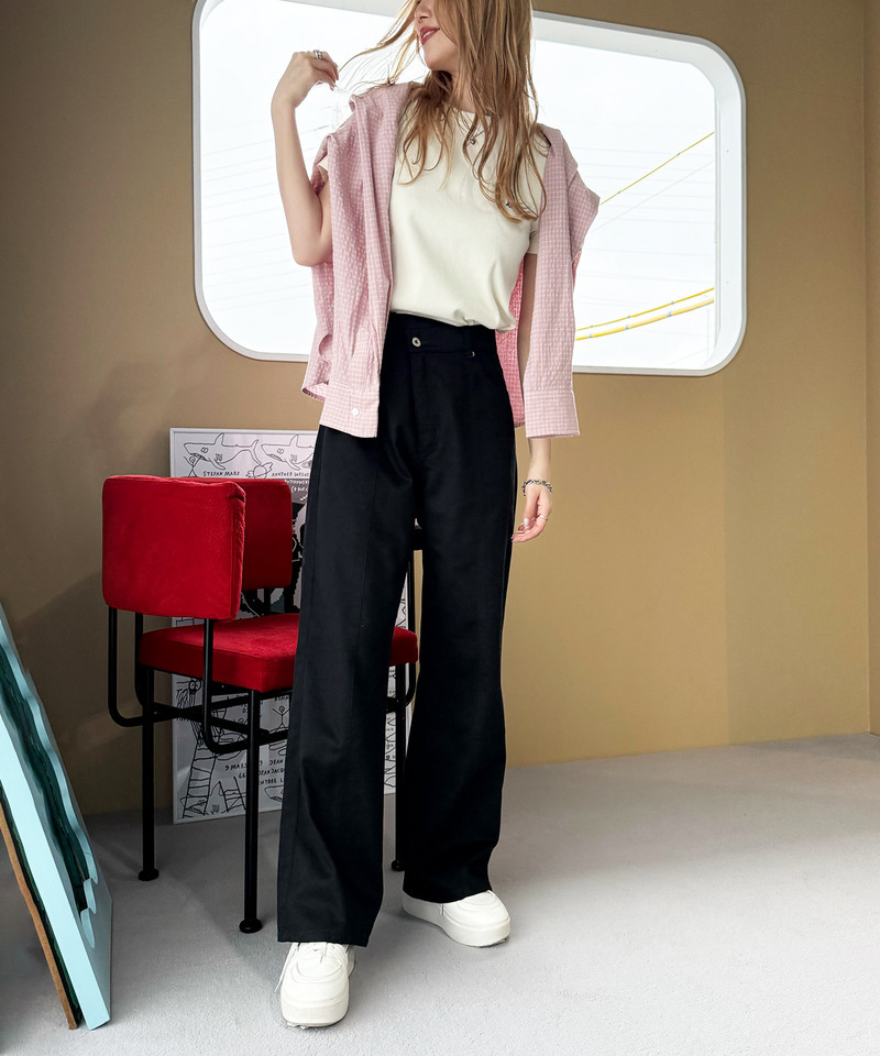 クロスウエストデザイン配色ステッチパンツ 詳細画像 ブラック 8