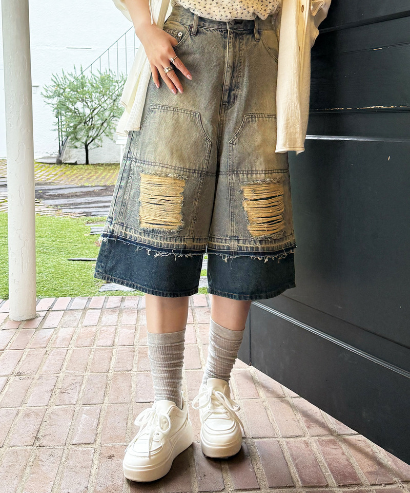 ダブルニーダメージデニムバミューダパンツ 詳細画像 デニムブルー 11