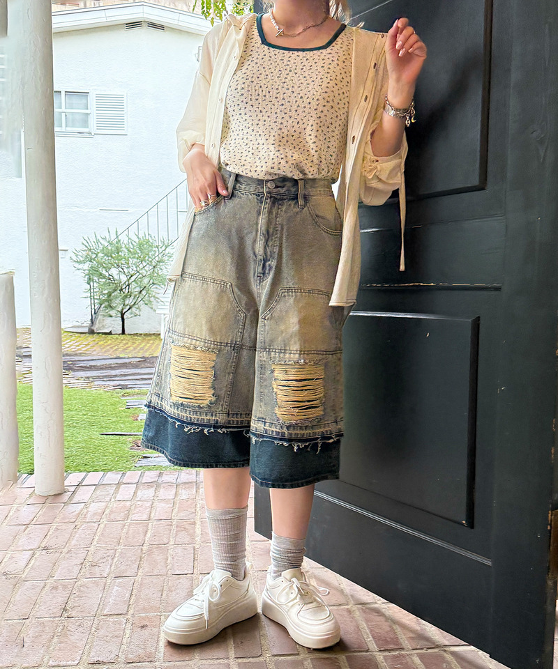 ダブルニーダメージデニムバミューダパンツ 詳細画像 デニムブルー 12