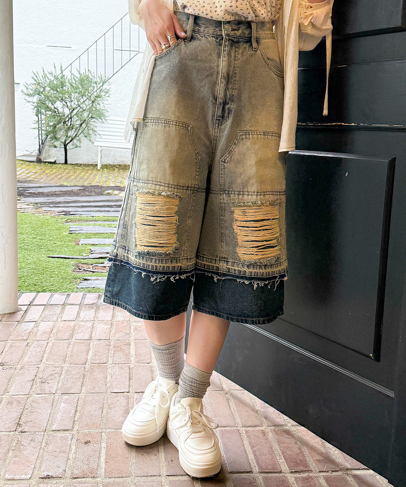 ダブルニーダメージデニムバミューダパンツ 詳細画像 デニムブルー 13