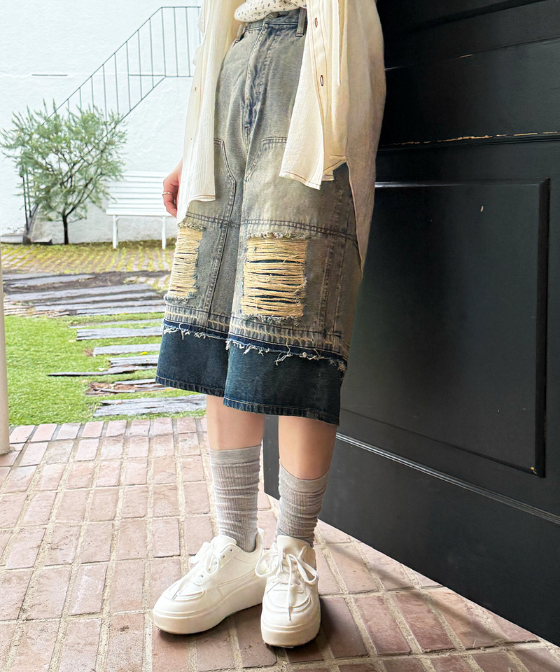 ダブルニーダメージデニムバミューダパンツ 詳細画像 デニムブルー 14