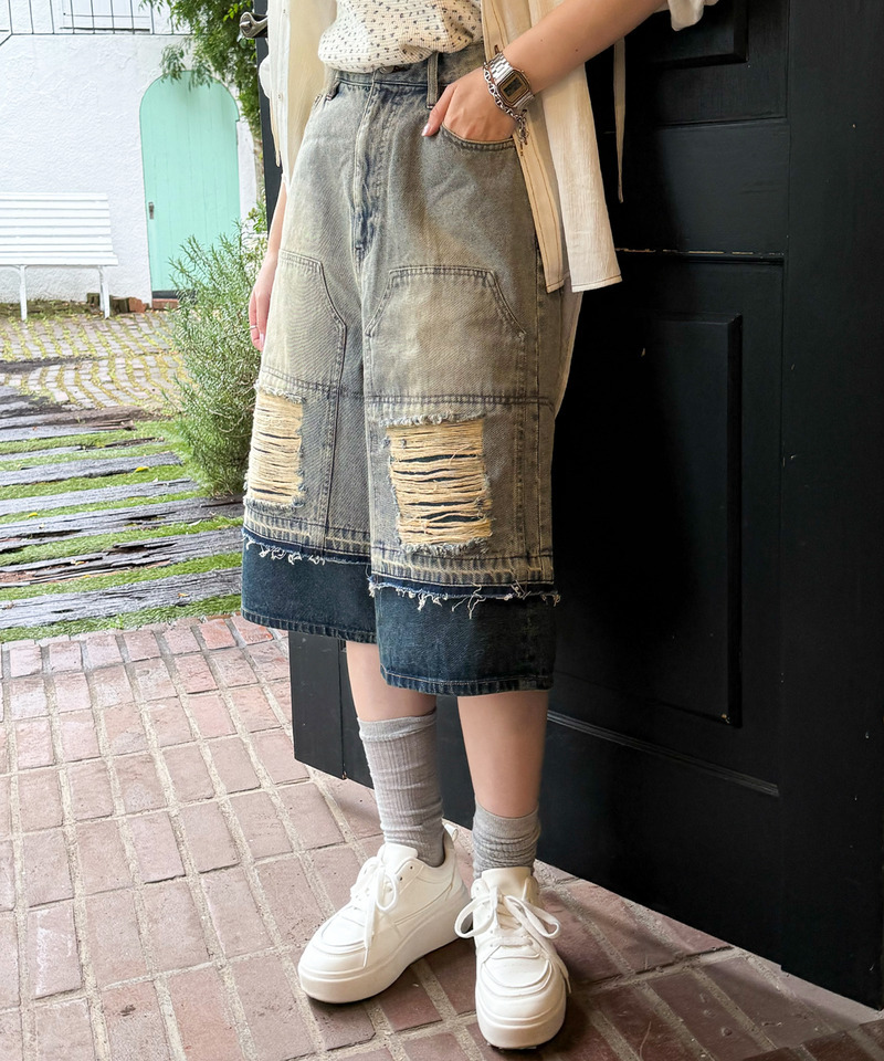 ダブルニーダメージデニムバミューダパンツ 詳細画像 デニムブルー 2