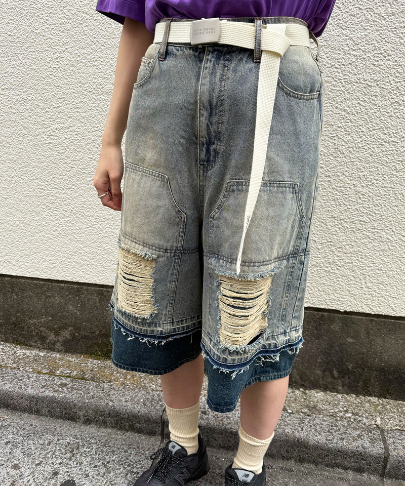 ダブルニーダメージデニムバミューダパンツ 詳細画像 デニムブルー 3