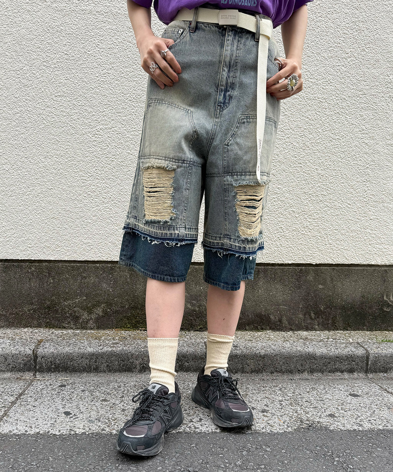 ダブルニーダメージデニムバミューダパンツ 詳細画像 デニムブルー 6