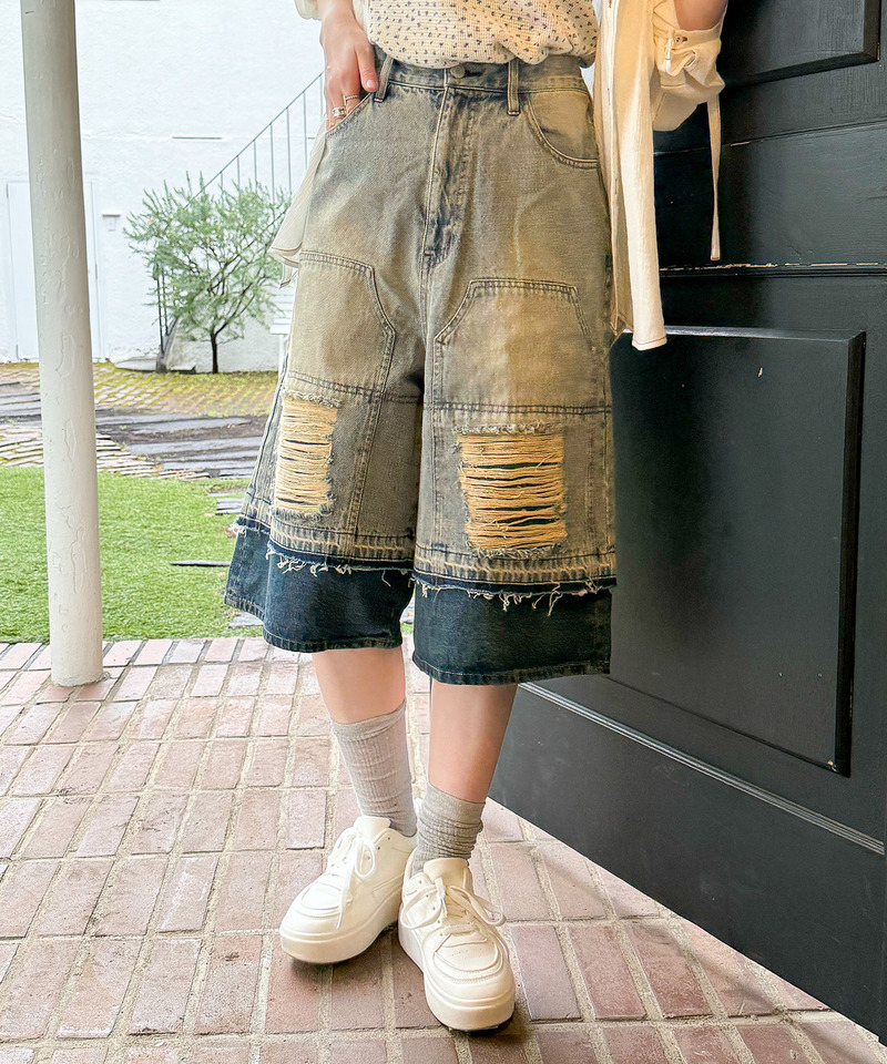 ダブルニーダメージデニムバミューダパンツ 詳細画像 デニムブルー 7