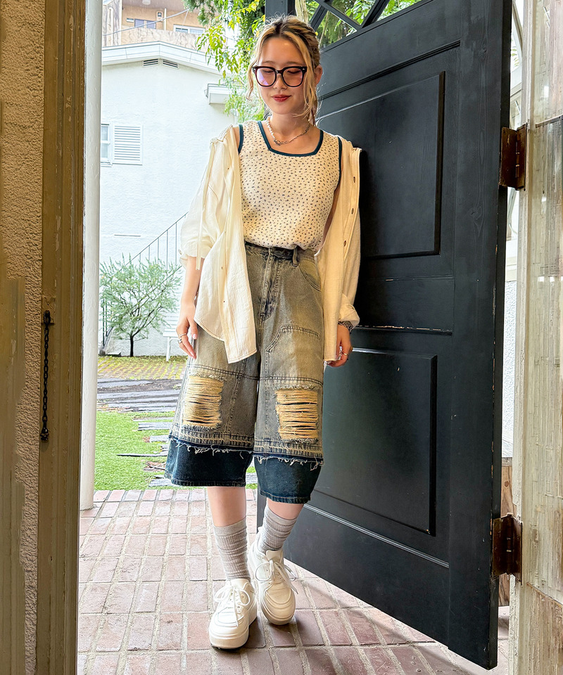 ダブルニーダメージデニムバミューダパンツ 詳細画像 デニムブルー 8