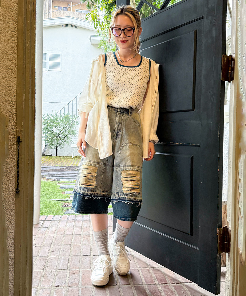 ダブルニーダメージデニムバミューダパンツ 詳細画像 デニムブルー 9