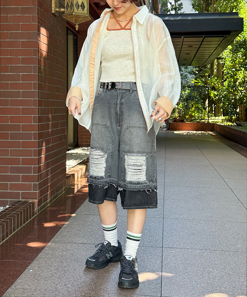 ダブルニーダメージデニムバミューダパンツ 詳細画像 ブラックデニム 1