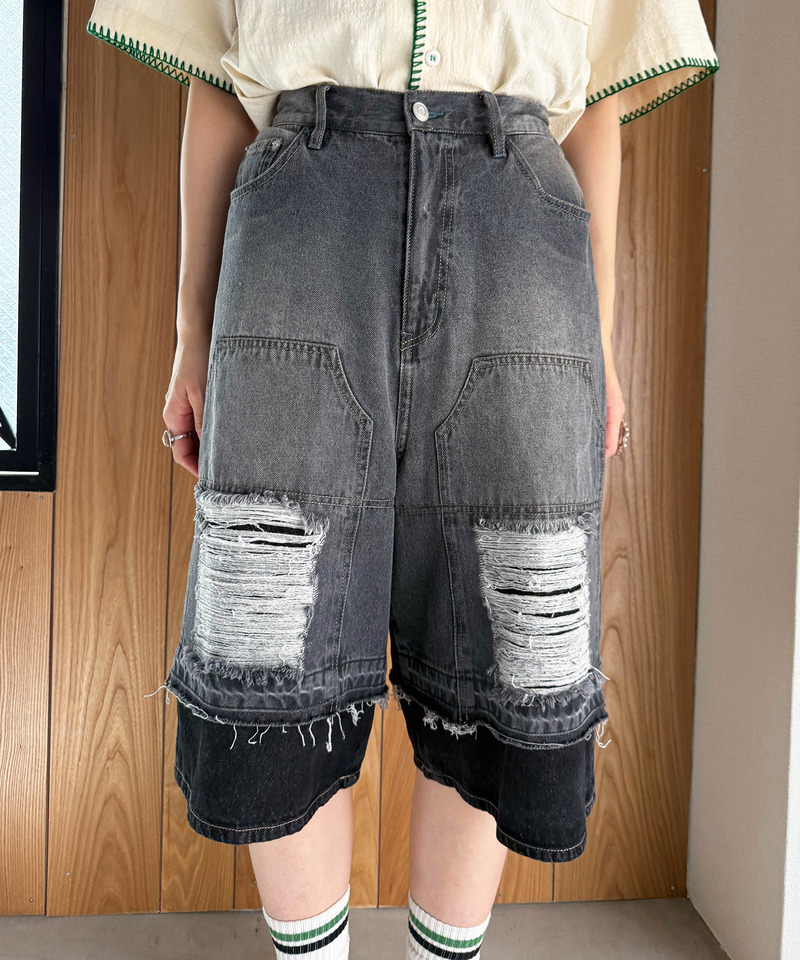 ダブルニーダメージデニムバミューダパンツ 詳細画像 ブラックデニム 3