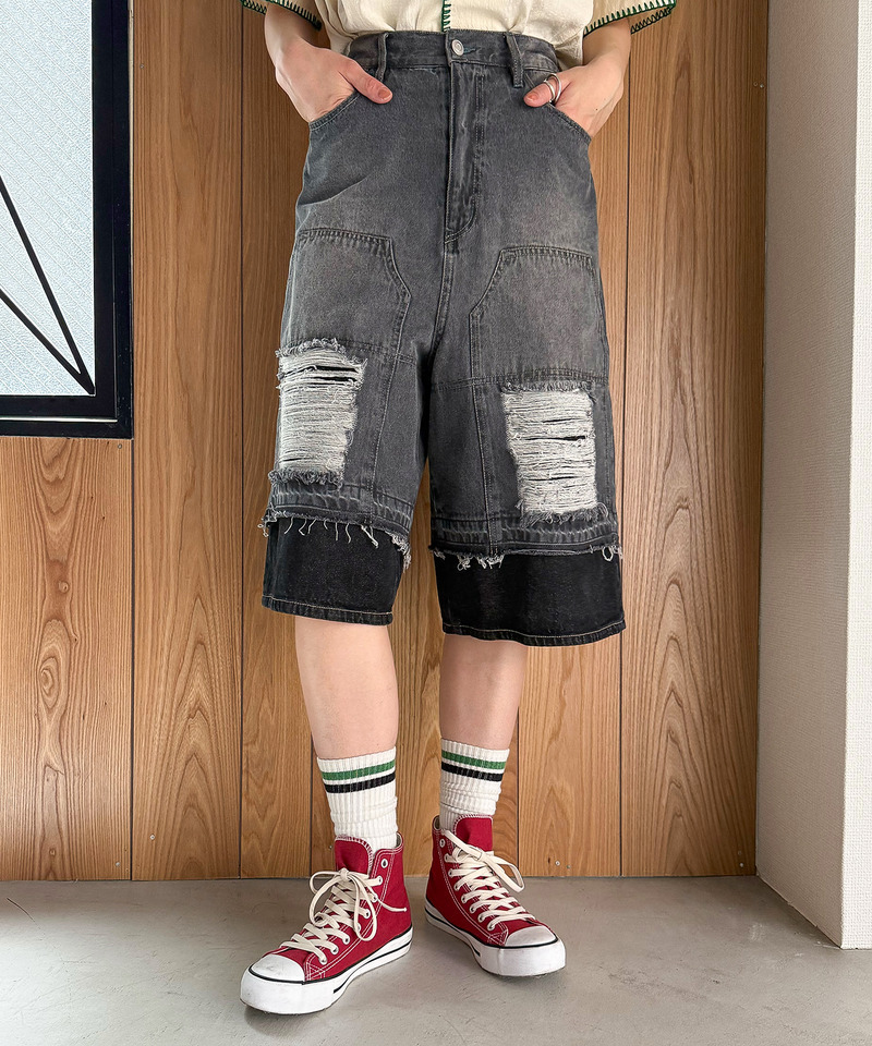 ダブルニーダメージデニムバミューダパンツ 詳細画像 ブラックデニム 4